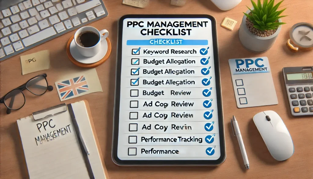 PPC Management Checklist on a digital tablet, displaying items like Keyword Research, Budget Allocation, Ad Copy Review, and Performance Tracking, set in a UK business workspace with desk elements.