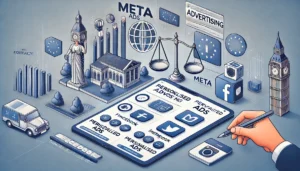 Illustration showcasing Meta Advertising Changes in Europe, highlighting user options for personalised ads or an ad-free subscription, with a European skyline and privacy icons.