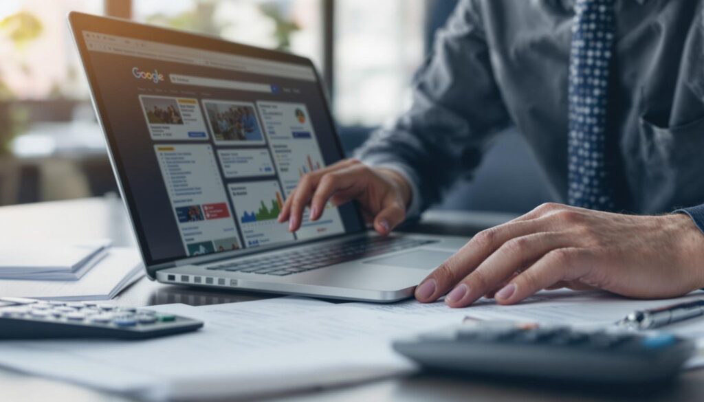 A professional working on a laptop displaying PPC campaign dashboards, illustrating the process of conducting DIY PPC audits to track performance and optimise ad strategies.