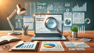 Tips to Increase ROI with Google Ads - A detailed illustration of keyword research featuring a laptop with Google Keyword Planner interface, charts, and notes, surrounded by icons symbolising research, productivity, and analysis.