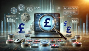 A sleek digital marketing design illustrating "What is PPC Advertising" with a laptop displaying advanced PPC analytics, a magnifying glass over a British pound sign (£), and vibrant floating ad icons. The scene reflects the precision and strategy of PPC campaigns.