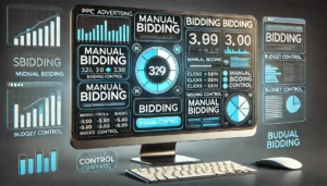 PPC advertising basics illustrated through a professional dashboard with a focus on bidding strategies, including manual bidding for precise control over campaign costs.