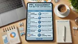 PPC Management Checklist displayed on a digital tablet, focusing on landing page optimisation with items like Clear Call to Action, Responsive Design, and Fast Loading Times, set in a UK business workspace.