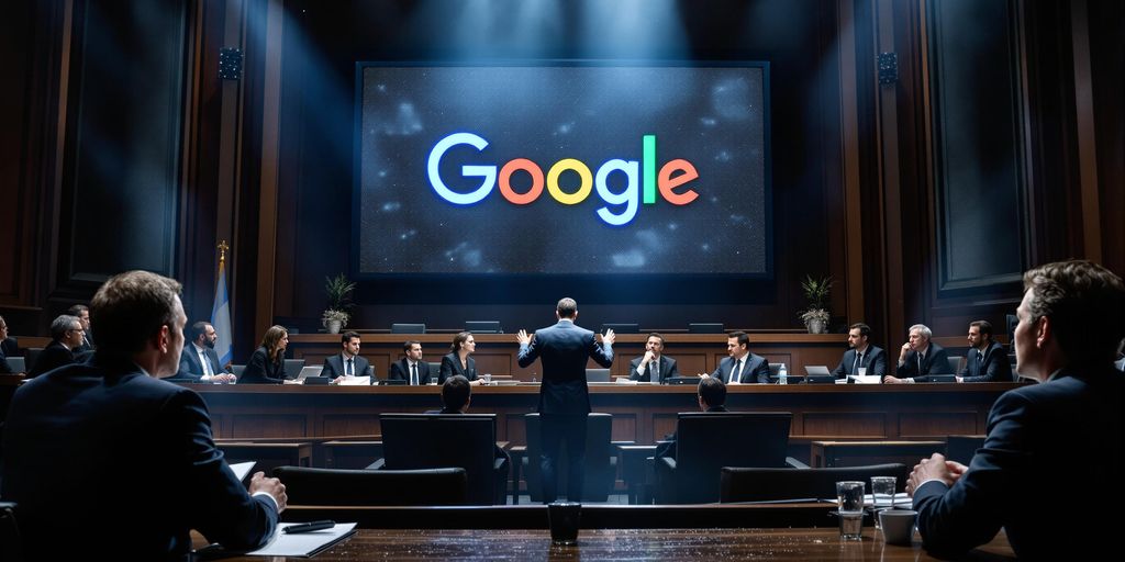 A courtroom setting with a presenter addressing a panel of officials under the bright display of the Google logo, illustrating the ongoing Google Ads Antitrust Case debate.