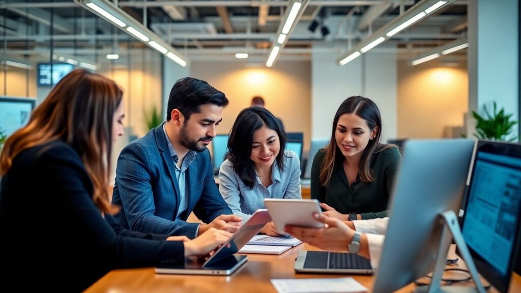 A group of colleagues using tablets and laptops in a well-lit meeting room to discuss advanced strategies for PPC planning.