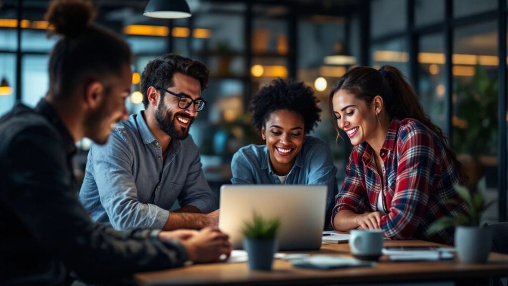 A diverse team of professionals smiling and collaborating around a laptop, illustrating the creative spirit and teamwork within an online advertising agency.