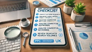 PPC Management Checklist displayed on a digital tablet, focusing on essential keyword research steps like identifying high-intent keywords and competitor analysis, set in a UK-focused workspace.