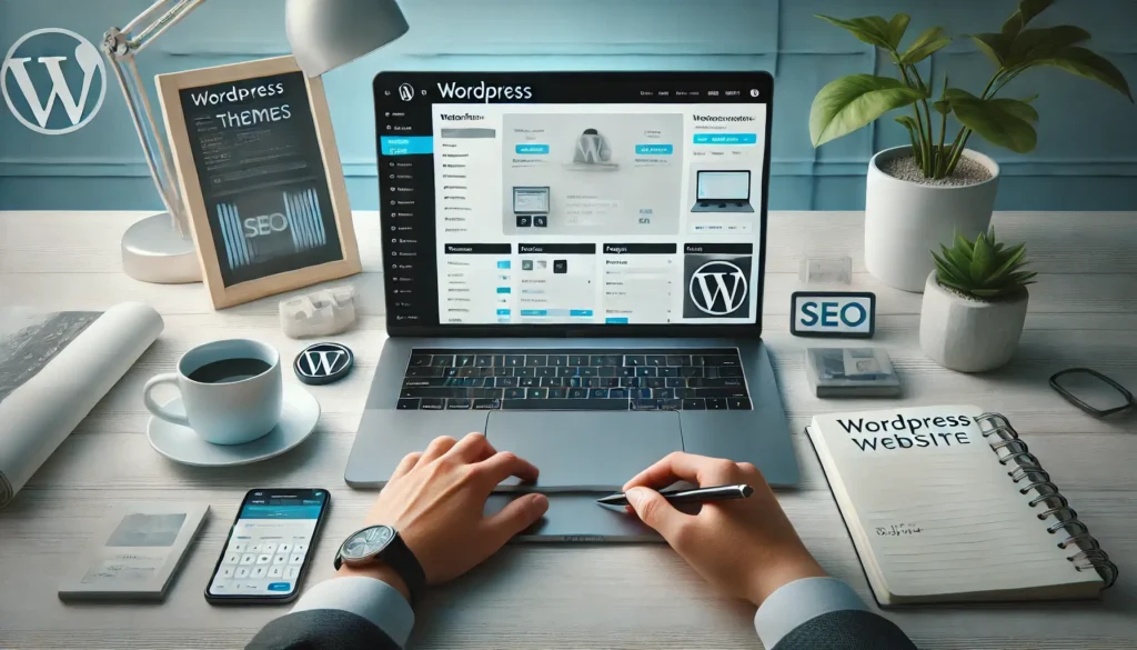 A sleek, minimalist workspace with a laptop displaying a WordPress dashboard, highlighting themes, plugins, and SEO settings. Perfect for those aiming to customise and optimise their WordPress website design.