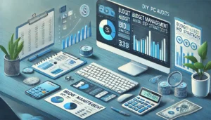 A professional illustration demonstrating budget management and bid strategies for DIY PPC audits, featuring a financial dashboard with metrics on budget allocation and cost-per-click analysis, alongside tools like a calculator and bar graphs.