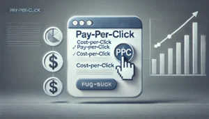 A digital illustration of PPC advertising basics, showing a website interface with a highlighted call-to-action button being clicked, symbolising the pay-per-click model and associated profit potential.