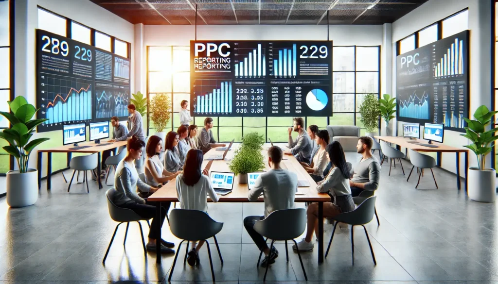 A team of digital marketing professionals collaboratively analysing PPC Reporting Metrics in a modern office, surrounded by screens and laptops displaying data visualisations.