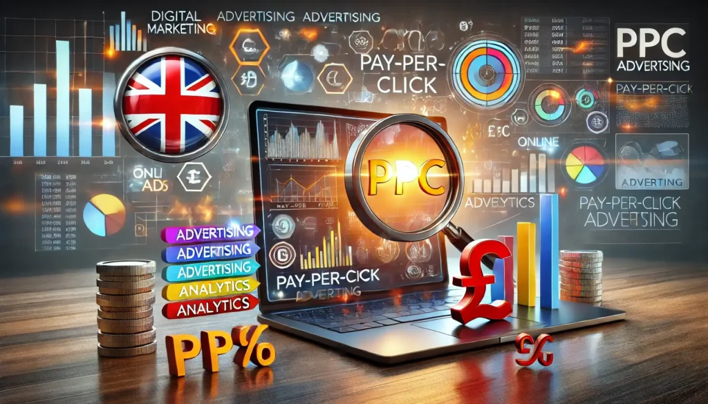 A professional digital marketing concept illustrating "What is PPC Advertising" with a laptop displaying analytics, a magnifying glass over a British pound sign (£), and vibrant online ad icons. The modern design highlights the innovation and precision of PPC campaigns.