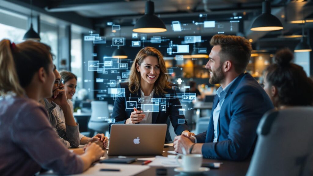 Professionals discussing digital marketing strategies in a modern office.