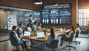 Choosing a PPC agency ensures tailored strategies, as depicted by a team crafting customised Google Ads campaigns to meet unique business needs.