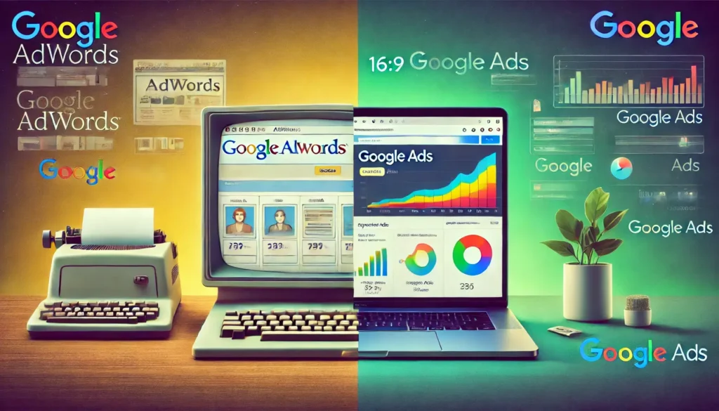 A side-by-side depiction of the outdated Google AdWords platform transitioning to the modern Google Ads interface, symbolising the evolution of Google's advertising tools.