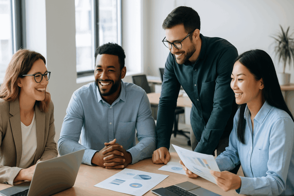 Diverse marketing team collaborating in a bright office, discussing November 2025 PPC Insights around laptops and charts.