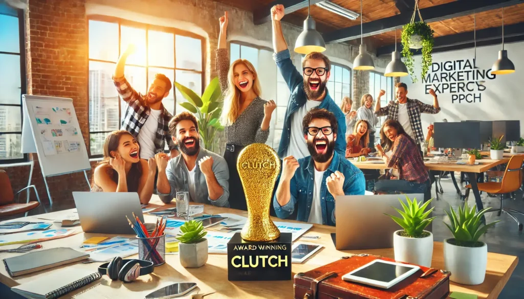 PPC Geeks, a dynamic team of digital marketing experts collaborating in a vibrant office, celebrating their recognition by Clutch with a trophy placed on a desk, symbolizing their achievement as a game-changing PPC agency.