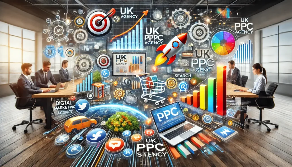 Examples of How UK PPC Agencies Delivered Results through innovative digital marketing strategies, depicted with charts, graphs, and vibrant visuals of ads and analytics.