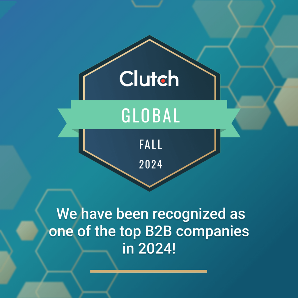 Clutch Global Fall 2024 badge showcasing PPC Geeks as one of the leading B2B companies for the year, displayed on a modern blue background with hexagonal design elements.