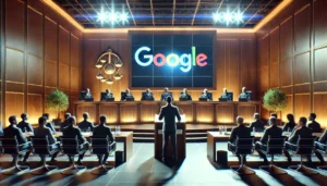 A courtroom featuring a modern design, with a presenter addressing a panel of officials seated in a formal arrangement. The Google logo is prominently displayed on a large screen, representing the Google Ads Antitrust Case.