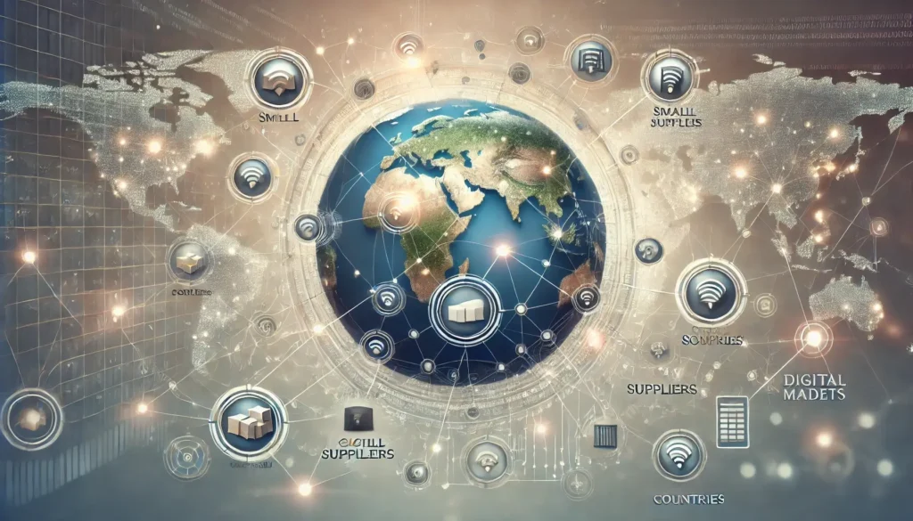 A visual depiction of the digital network connecting eCommerce suppliers worldwide, symbolising how eCommerce can bridge the digital divide across different nations.