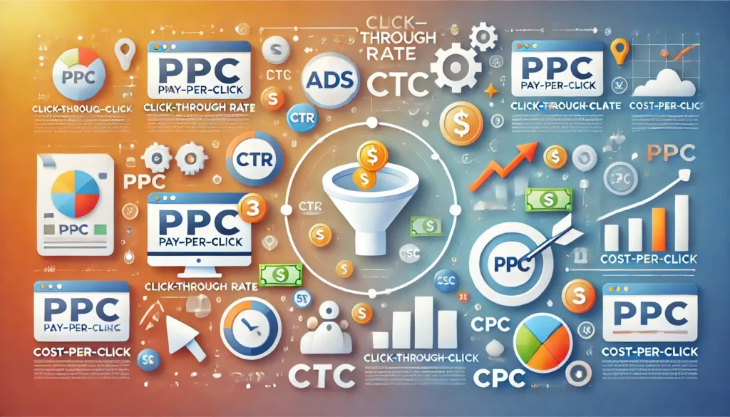 An informative and visually appealing illustration on PPC advertising basics, featuring symbols of digital ads, clicks, money, and conversion metrics, designed to simplify key PPC concepts for beginners.