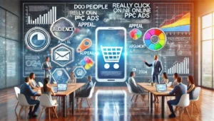 Digital marketing scene illustrating the question Do People Really Click on Online PPC Ads, with PPC ad icons and strategic planning visuals in a modern office.