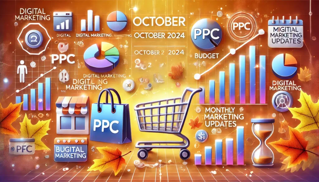 PPC News October 2024 featuring digital marketing icons like charts, budget symbols, and seasonal autumn leaves to represent monthly updates for marketers.