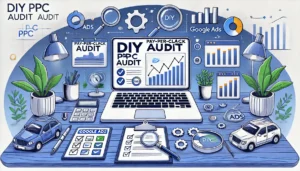 A professional illustration showcasing a workspace for DIY PPC audits, featuring a laptop displaying a PPC audit dashboard, surrounded by a checklist, magnifying glass, bar graphs, and pie charts, emphasizing key elements of Google Ads analysis.