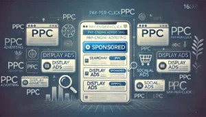 A professional digital illustration of PPC advertising basics, showing a search engine results page with a sponsored ad highlighted, symbolising search engine advertising in PPC.