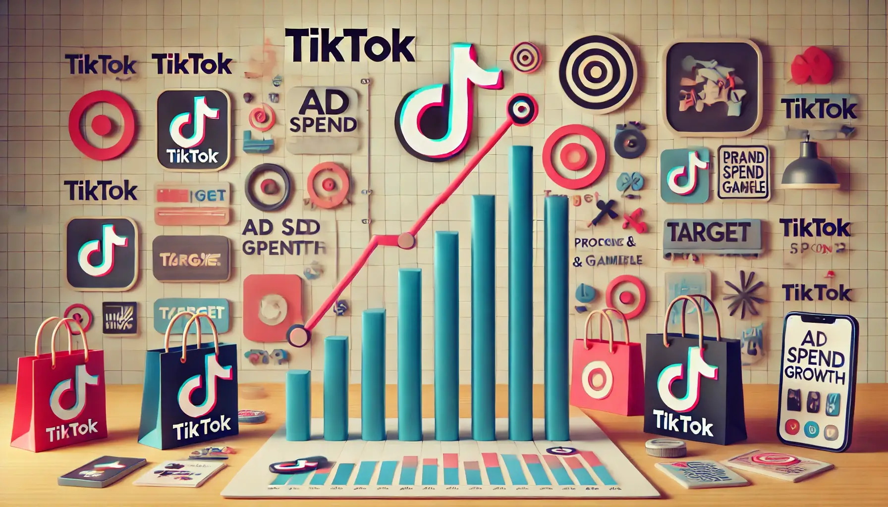 A data-centric visual showing TikTok advertising strategies amidst slowing ad spend growth, featuring a declining bar graph and subtle branding elements of Target and Procter & Gamble.