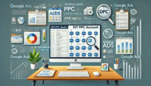 A professional illustration highlighting the analysis of PPC account structure for DIY PPC audits, featuring a computer screen with organised campaign folders, hierarchy charts, and performance analytics.