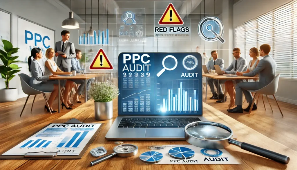 A modern office setting with a professional team collaborating on a PPC audit, focusing on data charts and warning signs that highlight Red Flags Revealed by a PPC Audit.