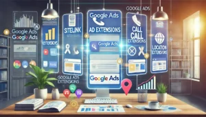 Tips to Increase ROI with Google Ads - A professional illustration highlighting the use of ad extensions, featuring sitelink, call, and location extension icons displayed on a Google Ads interface in a modern workspace setting.