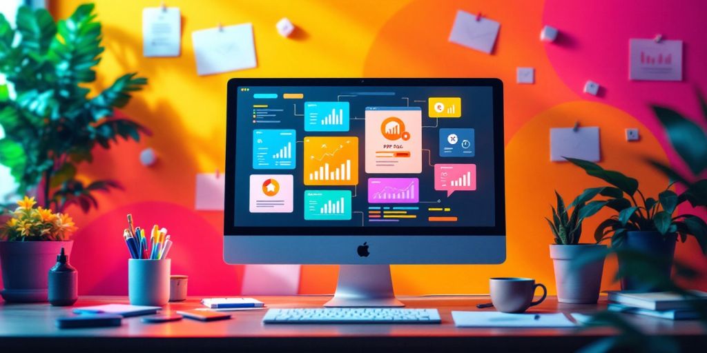 A vibrant digital marketing workspace featuring a desktop screen displaying various analytics and insights related to PPC Ad Networks, with colourful graphs and charts in a creative office setting.