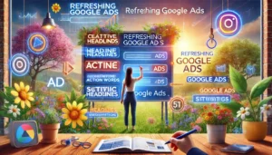 Creative digital marketing illustration showing Google Ads spring cleaning with a spring-themed background, a marketer writing headlines on a virtual board, and ad elements emphasizing clarity and engagement.