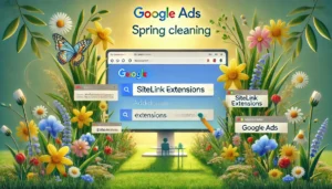 Modern illustration of Google Ads spring cleaning, featuring a spring-themed background with flowers, a marketer customizing sitelink extensions on a screen, and additional links appearing to symbolize enhanced visibility.