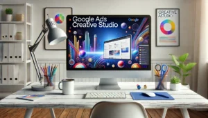 A modern workspace featuring the Google Ads Creative Studio interface displayed on a computer screen. The setup includes a coffee cup, vibrant design tools, and a bright, organised desk symbolising digital marketing creativity.