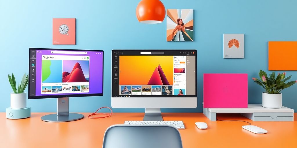 A vibrant and modern desk setup featuring the Google Ads Creative Studio interface displayed on a desktop screen. The workspace includes colourful decor, a dual-monitor setup, and a professional yet creative aesthetic.