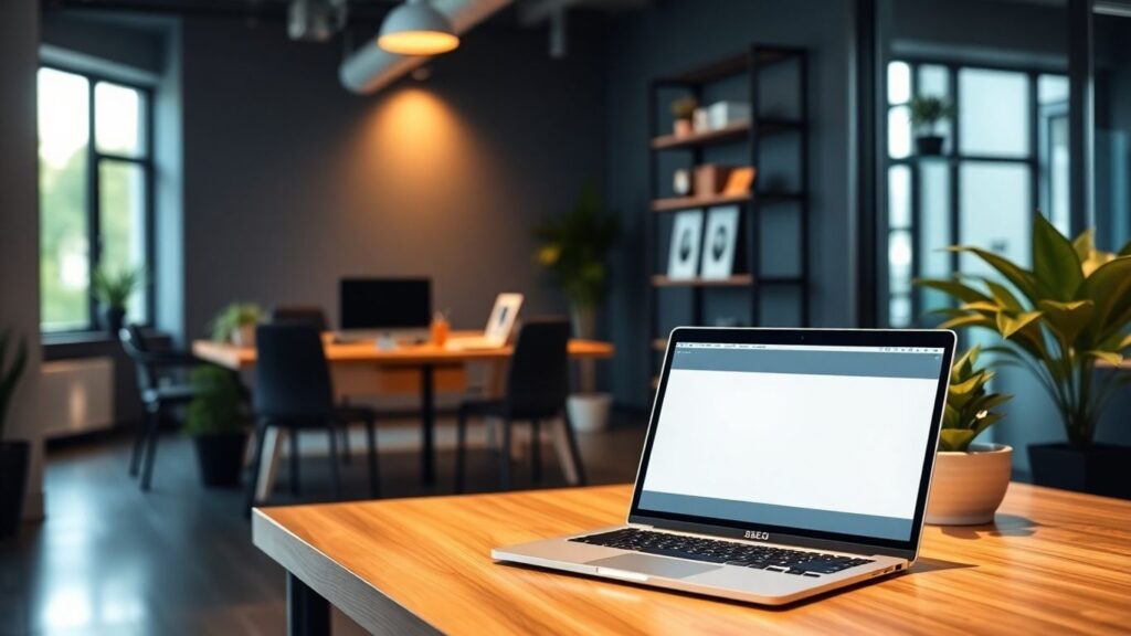 Sleek laptop in a modern office environment ready for Google Search Console integration.