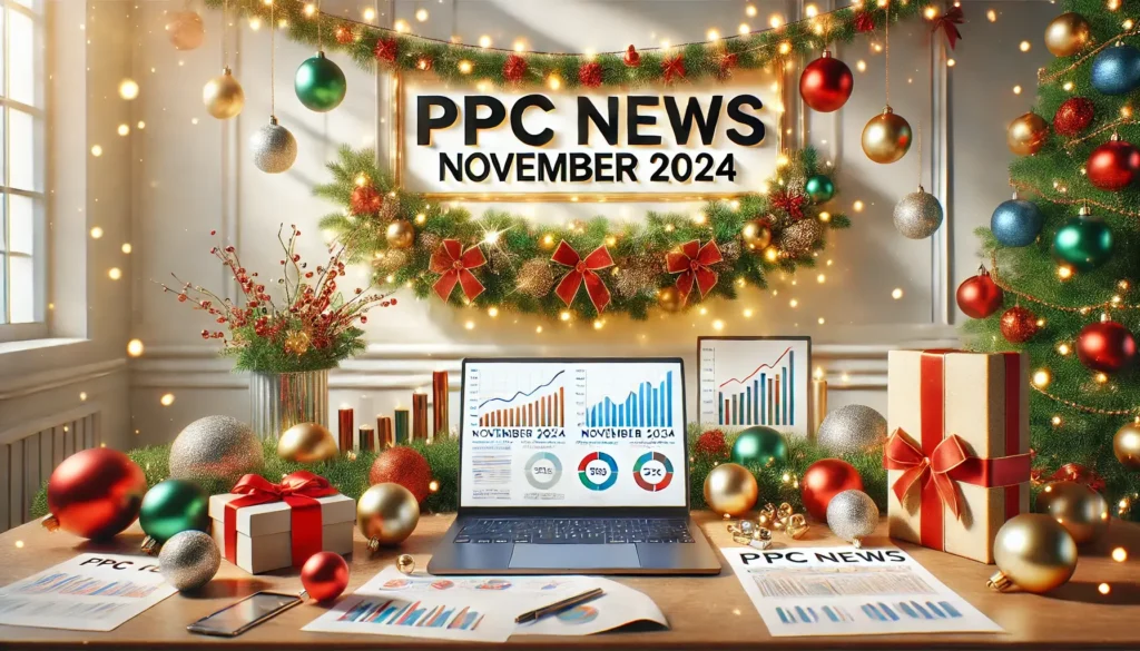 Festive and professional-themed image celebrating PPC News November 2024, featuring a cheerful office desk decorated with Christmas ornaments like baubles, tinsel, and fairy lights, alongside marketing tools and a sleek banner with the text PPC News November 2024.