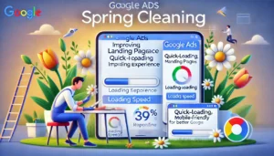 Professional illustration of Google Ads spring cleaning, showcasing a marketer testing mobile responsiveness on a tablet and smartphone with spring elements in the background and digital loading speed indicators.