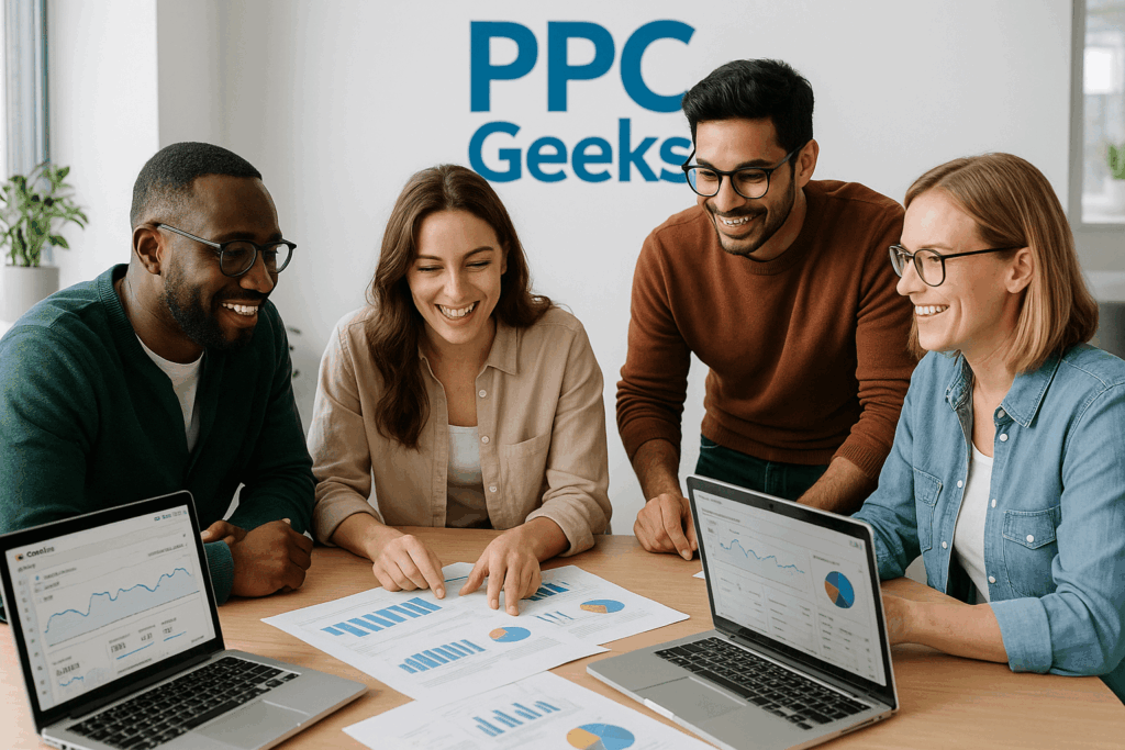 Photo of a diverse team of professionals collaborating in a bright, modern office, reviewing data charts and digital marketing reports for the PPC Geeks December 2025 Newsletter.