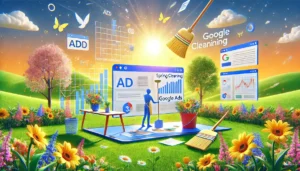 Bright and vibrant illustration of Google Ads spring cleaning, featuring a cheerful spring background with blooming flowers, blue sky, and a person organizing digital ad elements on a virtual board, symbolizing an audit and optimization process.