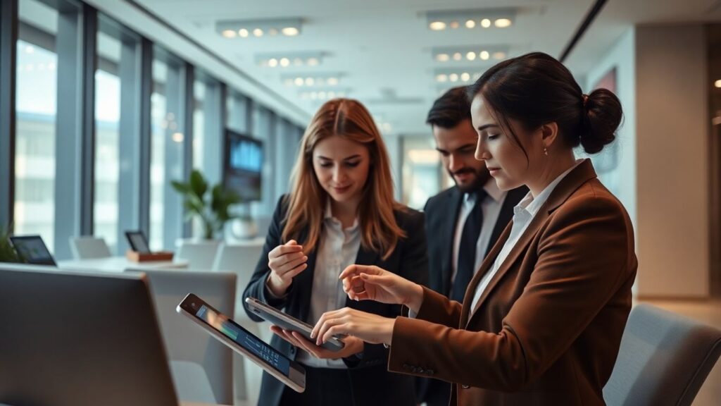 Modern business collaboration on digital devices in a sleek office.