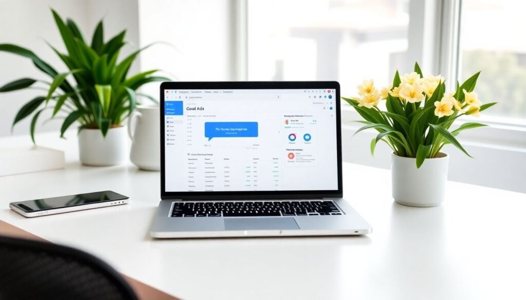 A laptop displaying a Google Ads dashboard, placed on a white desk with potted plants and flowers in the background, representing Google Ads Spring Cleaning and optimization efforts.