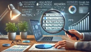 A digital illustration showing a professional keyword research process for Google Ads PPC for small businesses, with a search bar displaying high-intent keywords, a magnifying glass highlighting terms like buy organic dog food, and charts analysing keyword performance.