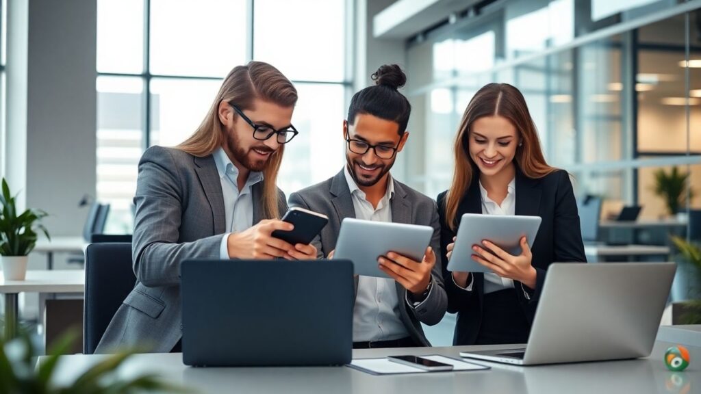 A group of young professionals sharing insights from Google Analytics data on various devices like tablets and smartphones.