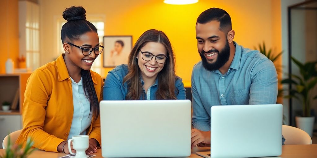 A diverse team of professionals collaborating on laptops, symbolising effective LinkedIn Ads strategies, with a focus on teamwork and data-driven advertising success.