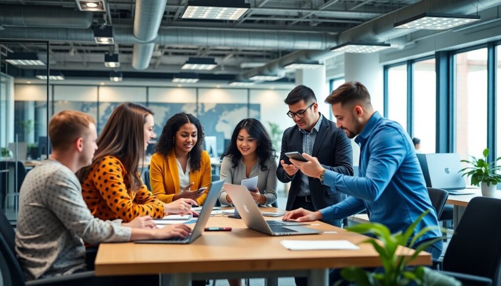 A diverse team collaborating in a modern office setting, discussing digital marketing strategies with laptops and documents, illustrating PPC Management Frameworks in action.